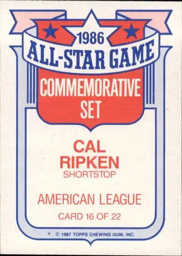 Vintage 1986 Topps Glossy Cal Ripken Jr. All-Star Game baseball card in original gloss