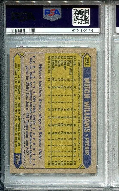 Graded 1987 Topps Mitch Williams Signed Rookie Card Auto Rangers PSA 9 DNA 7