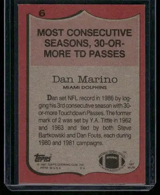 1987 Topps Record Breaker Dan Marino #6 Football - Football Card Single