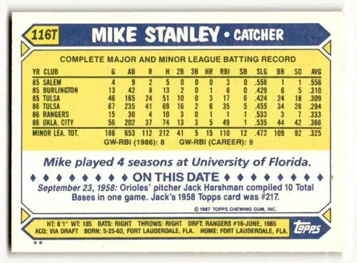 1987 Topps Traded 116T Mike Stanley Texas Rangers baseball card NM image