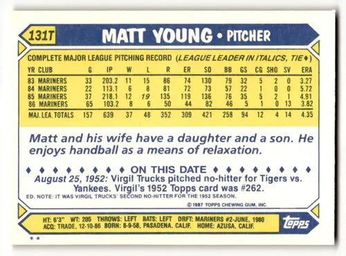 1987 Topps Traded #131T Matt Young NM Near Mint Dodgers ID:53893 - Baseball Card Single