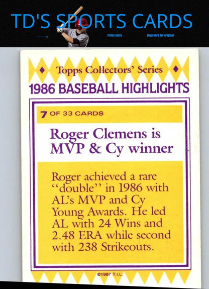 Roger Clemens baseball card from 1987 Topps Woolworth Baseball Highlights collection