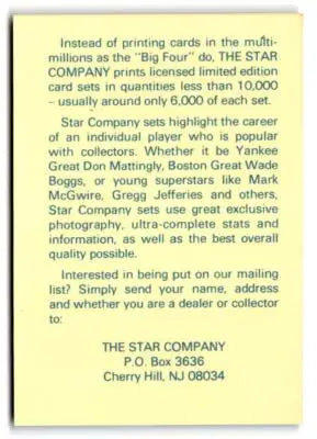 Yellow informational card about Star Ad Cards featuring NNO Mike Greenwell sports card