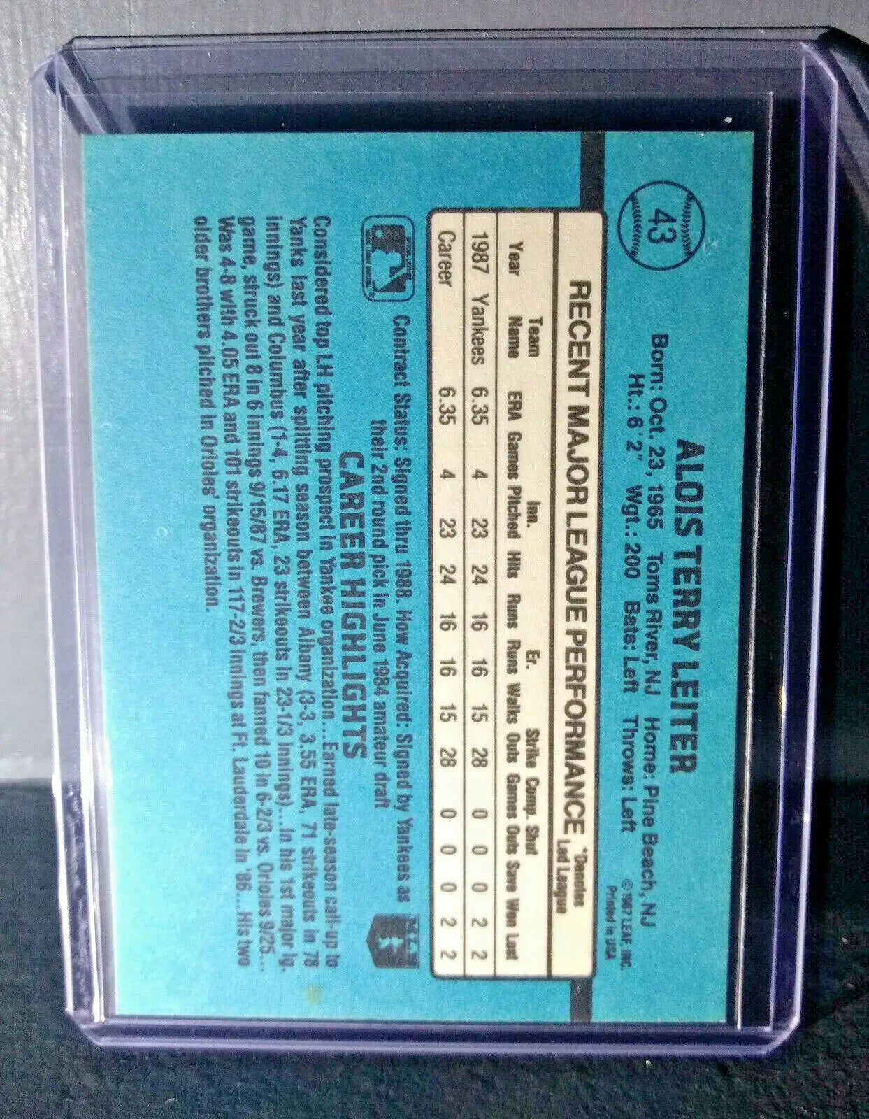 1988 Al Leiter Donruss Rated Rookie #43 Baseball Card - Baseball Card Single