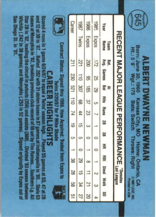 1988 Al Newman Donruss Baseball Card #645 - Baseball Card Single