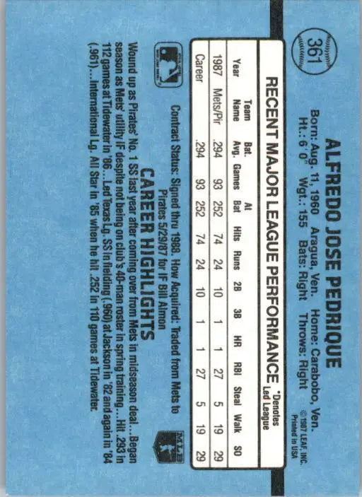 1988 Al Pedrique Donruss Baseball Card #361 - Baseball Card Single