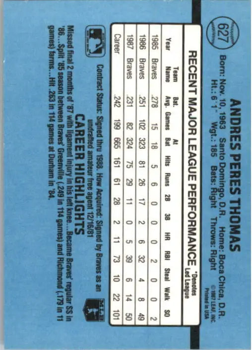 1988 Andres Thomas Donruss Baseball Card #627