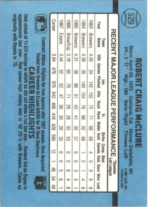 1988 Bob McClure Donruss Baseball Card #529 - Baseball Card Single