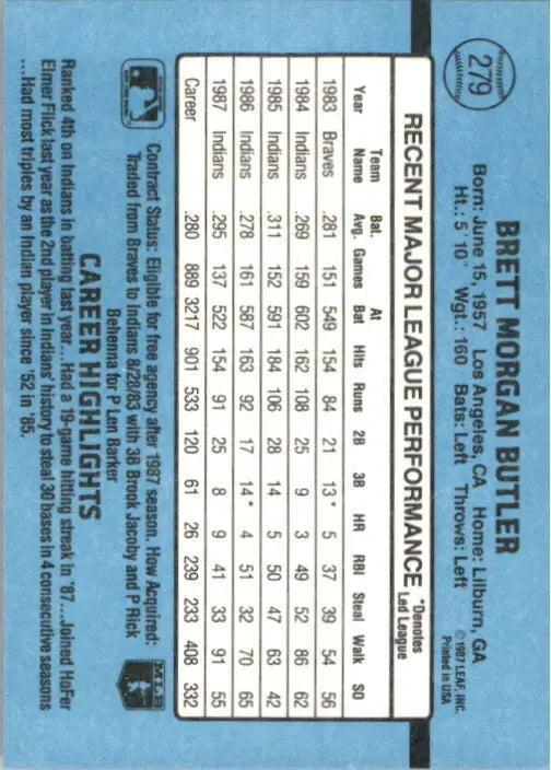 1988 Brett Butler Donruss Baseball Card #279 - Baseball Card Single
