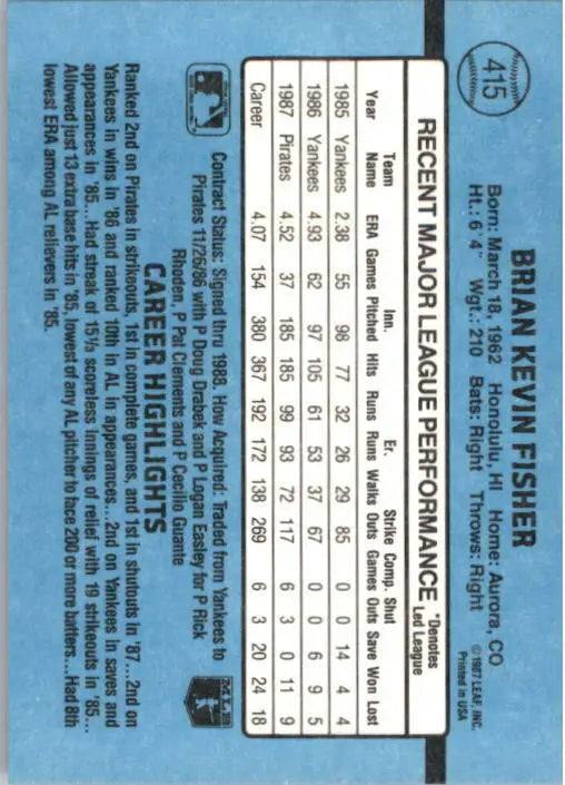 1988 Brian Fisher Donruss Baseball Card #415 - Baseball Card Single