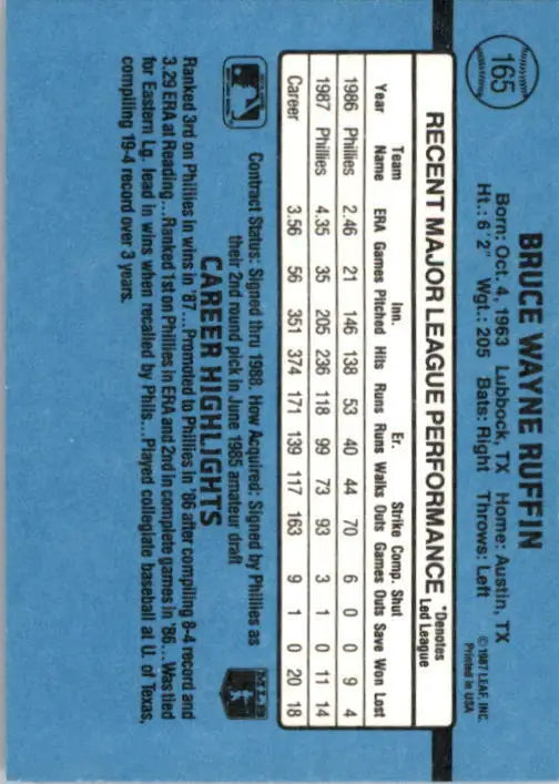 1988 Bruce Ruffin Donruss Baseball Card #165