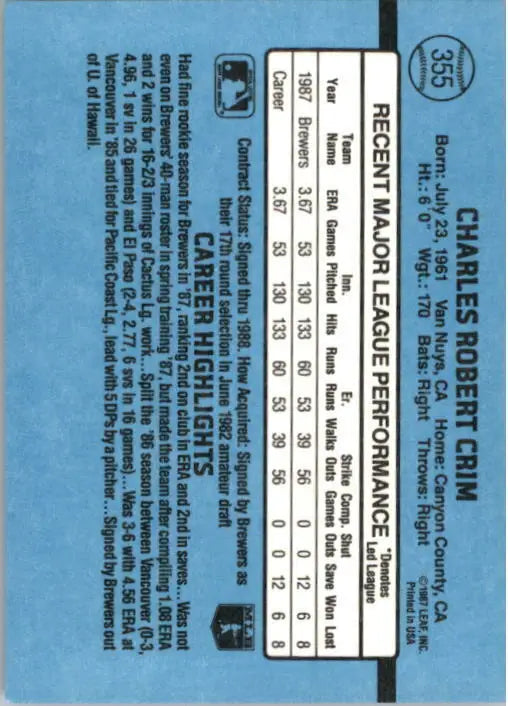 1988 Chuck Crim Donruss Baseball Card #355 - Baseball Card Single