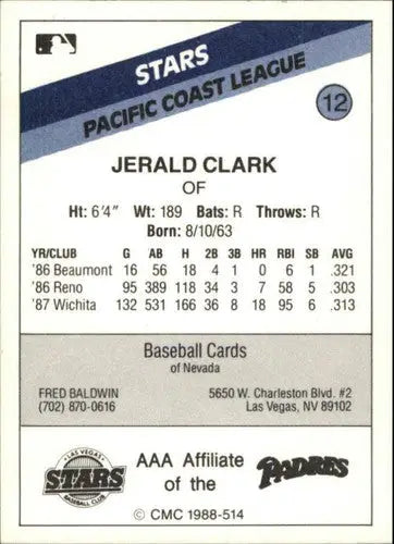 Original gloss Jerald Clark baseball card from 1988 CMC Las Vegas Stars collection