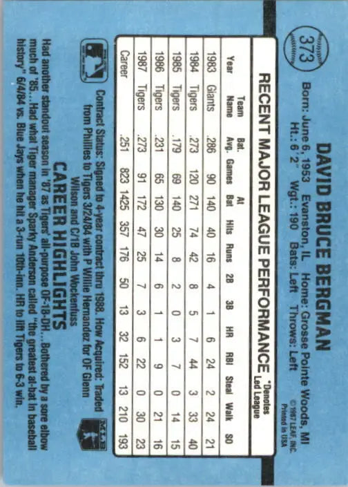 1988 Dave Bergman Donruss Baseball Card #373 - Baseball Card Single