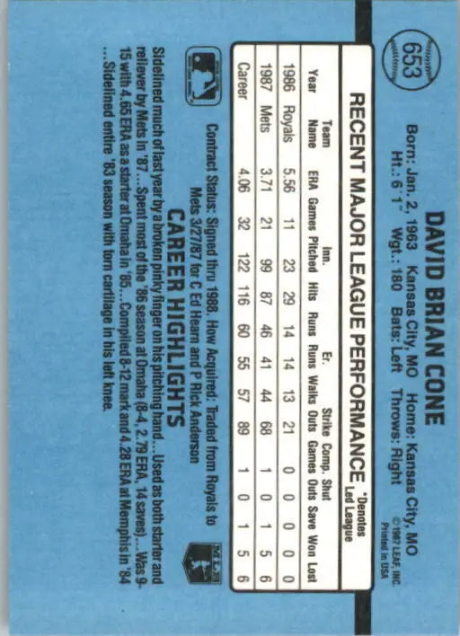 1988 David Cone Donruss Baseball Card #653