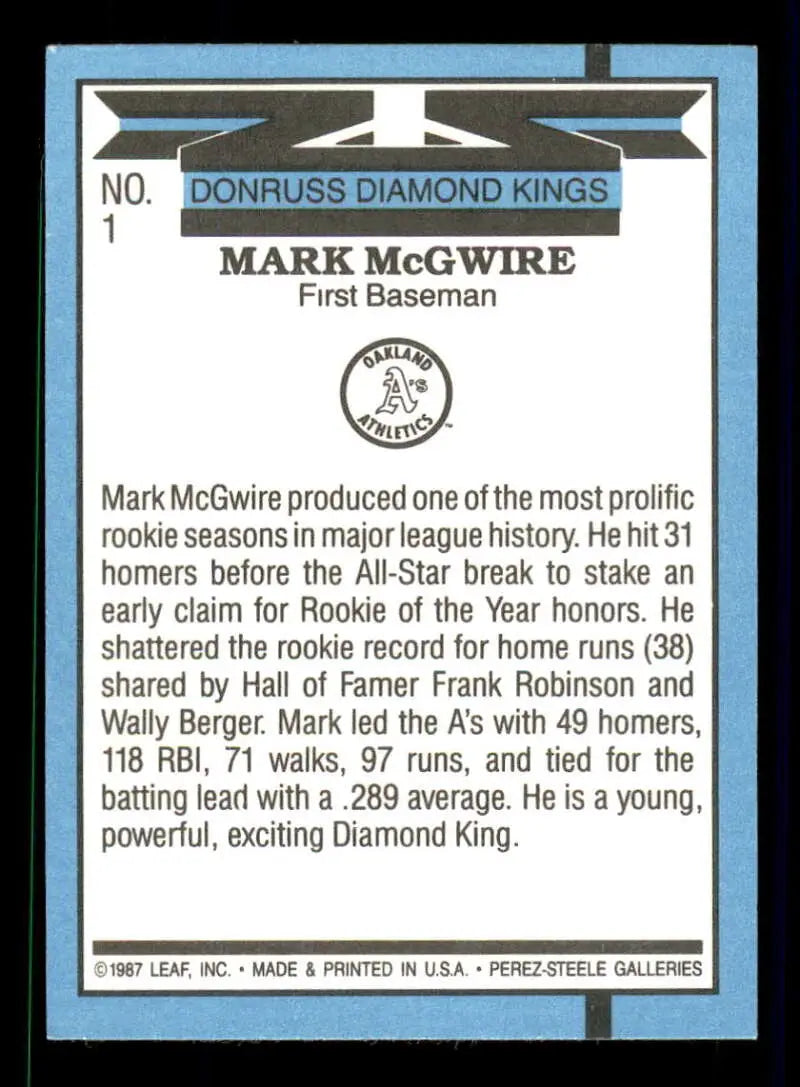 1988 Donruss #1 Mark McGwire NM-MT Oakland Athletics Baseball Card - Baseball Card Single