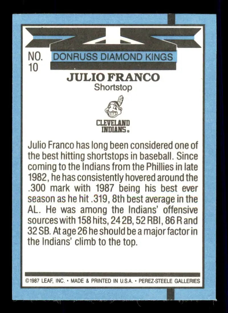 1988 Donruss #10 Julio Franco NM-MT Cleveland Indians Baseball Card - Baseball Card Single