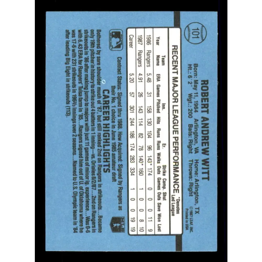 1988 Donruss #101 Bobby Witt EX Texas Rangers Baseball Card Image 2