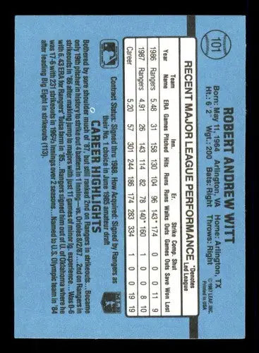 1988 Donruss Bobby Witt baseball card back with original gloss and details for Simply Sandoval