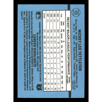 1988 Donruss #103 Mickey Tettleton EX Oakland Athletics Baseball Card Image 2