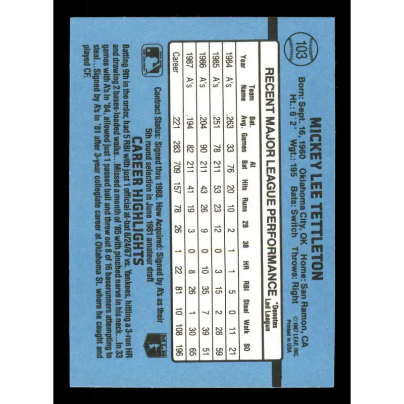 1988 Donruss #103 Mickey Tettleton EX Oakland Athletics Baseball Card - Baseball Card Single