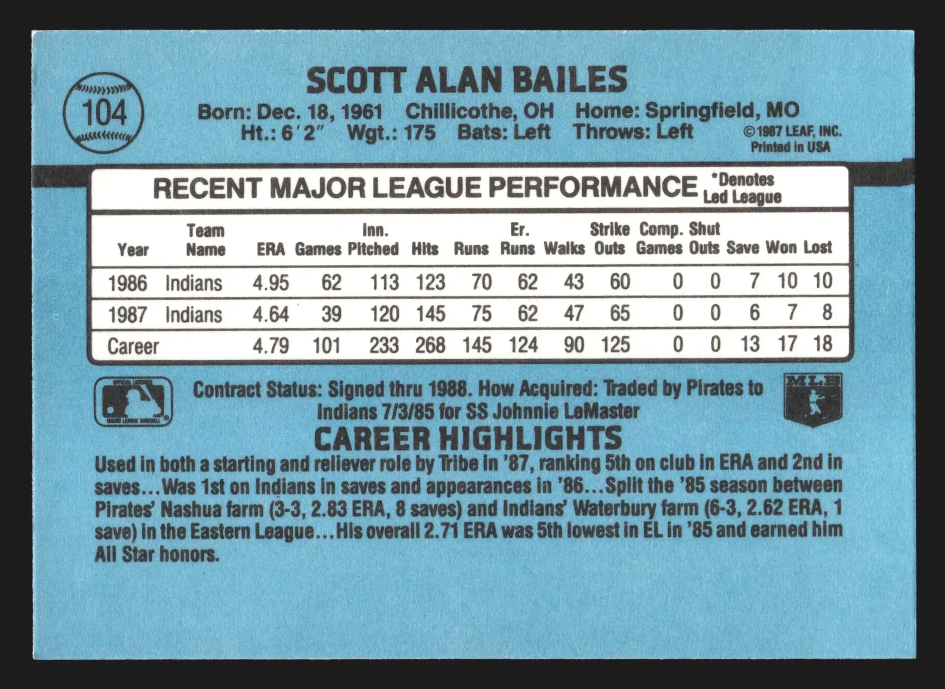 1988 Donruss #104 Scott Bailes Cleveland Indians