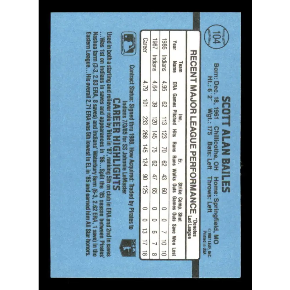 1988 Donruss #104 Scott Bailes EX Cleveland Indians Baseball Card Image 2