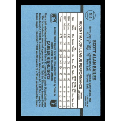 1988 Donruss #104 Scott Bailes EX Cleveland Indians Baseball Card Image 2