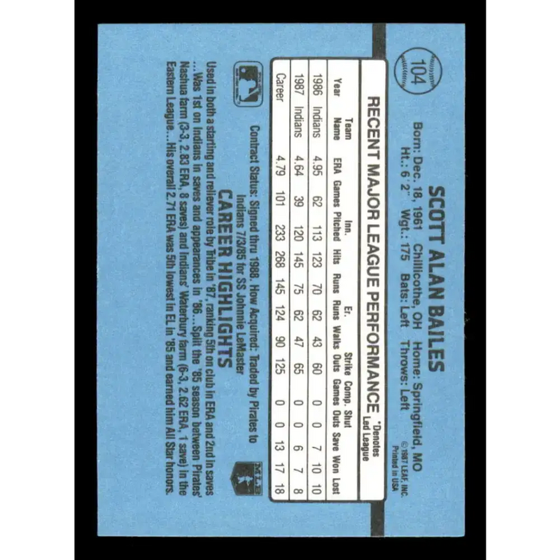 1988 Donruss #104 Scott Bailes EX Cleveland Indians Baseball Card - Baseball Card Single