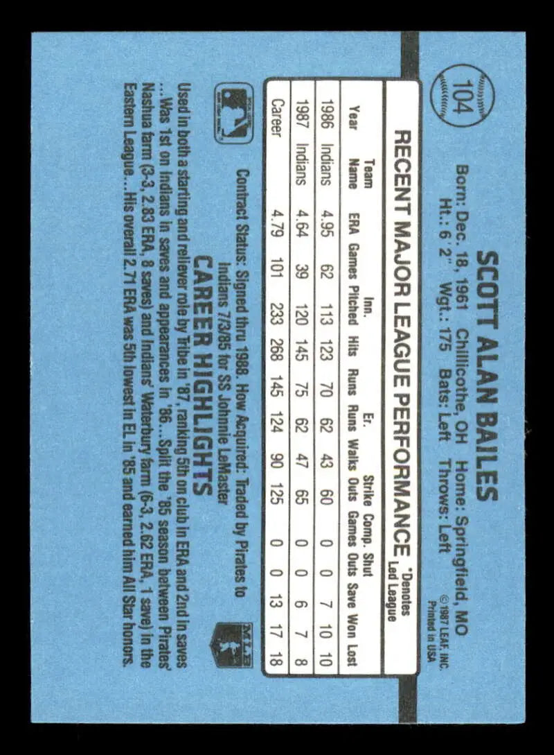 1988 Donruss #104 Scott Bailes NM-MT Cleveland Indians Baseball Card - Baseball Card Single