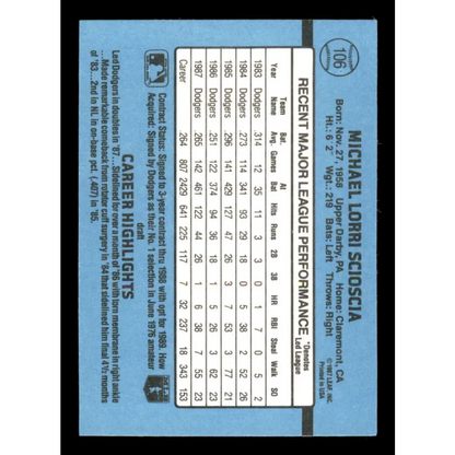 1988 Donruss #106 Mike Scioscia EX Los Angeles Dodgers Baseball Card Image 2