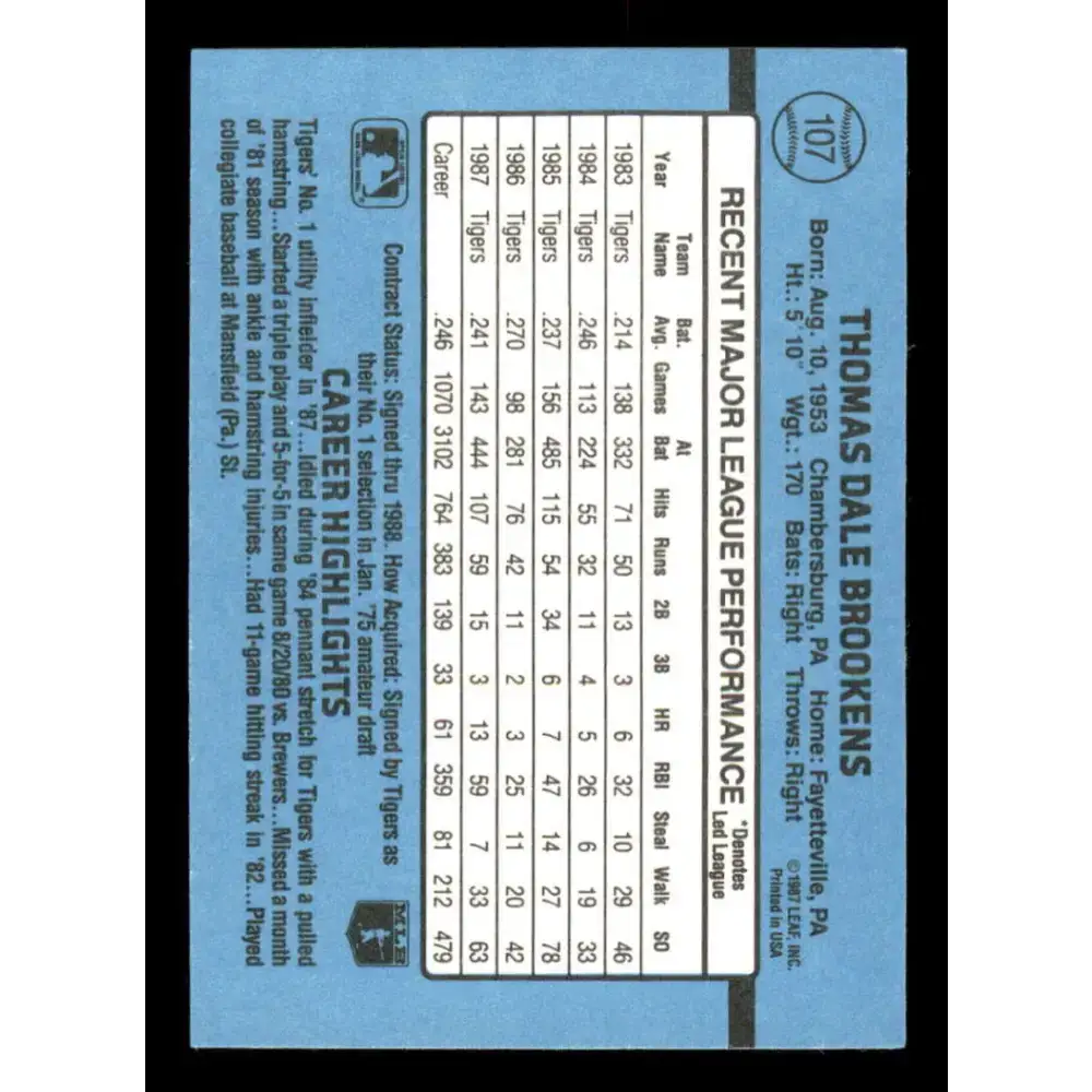 1988 Donruss #107 Tom Brookens EX Detroit Tigers Baseball Card - Baseball Card Single