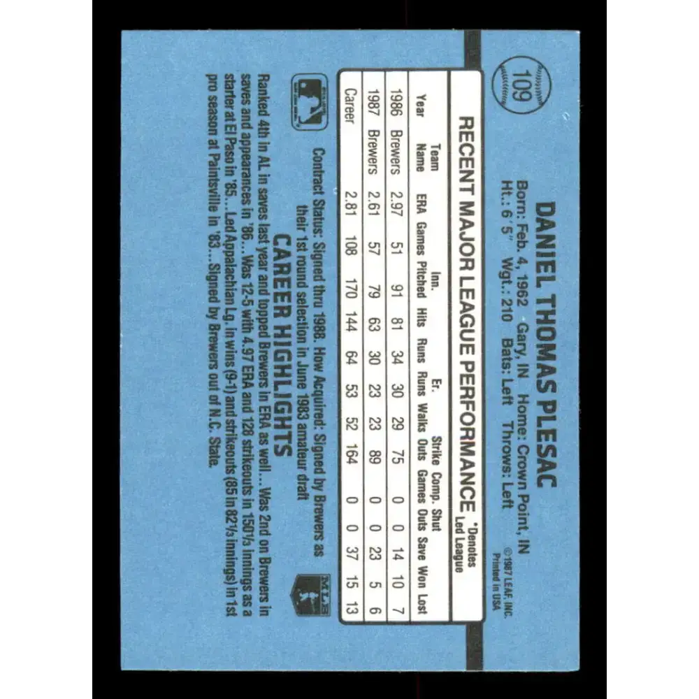 1988 Donruss #109 Dan Plesac EX Milwaukee Brewers Baseball Card - Baseball Card Single