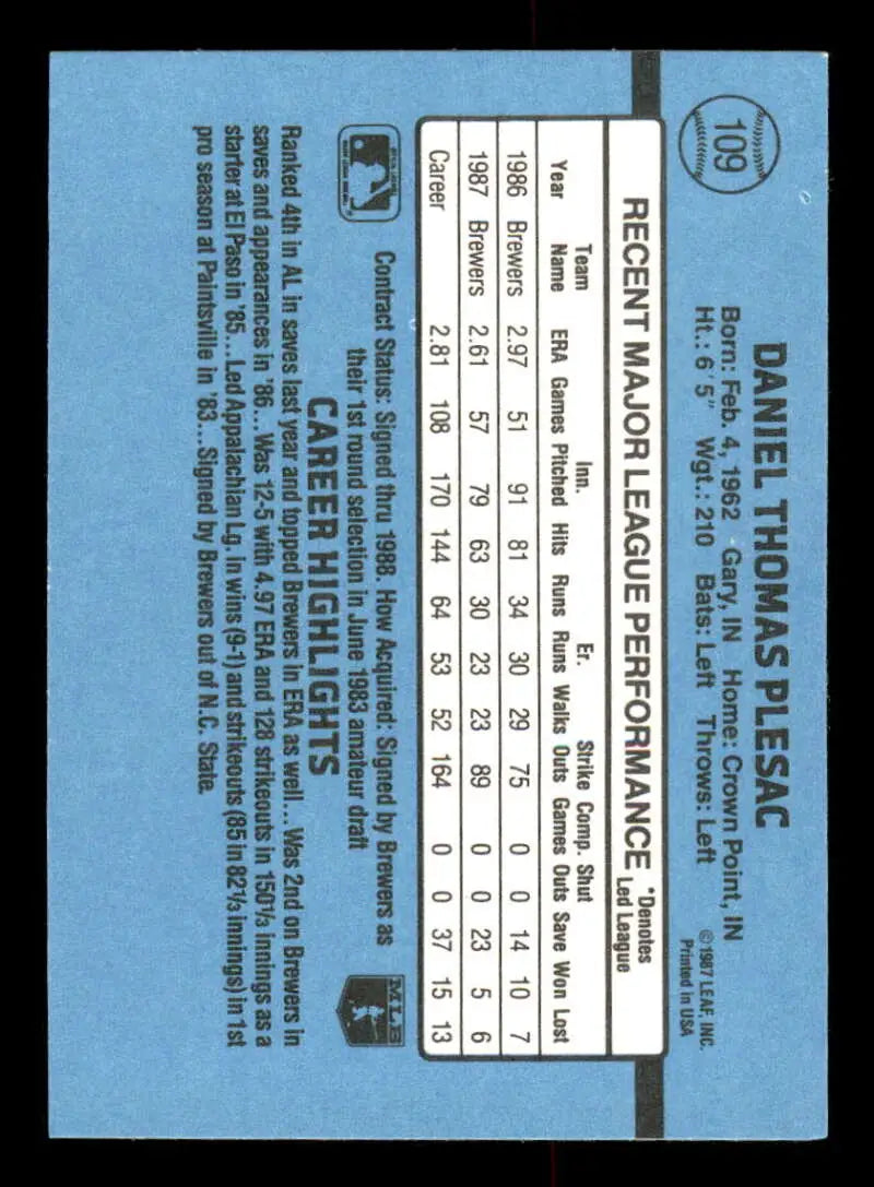 1988 Donruss #109 Dan Plesac NM-MT Milwaukee Brewers Baseball Card - Baseball Card Single