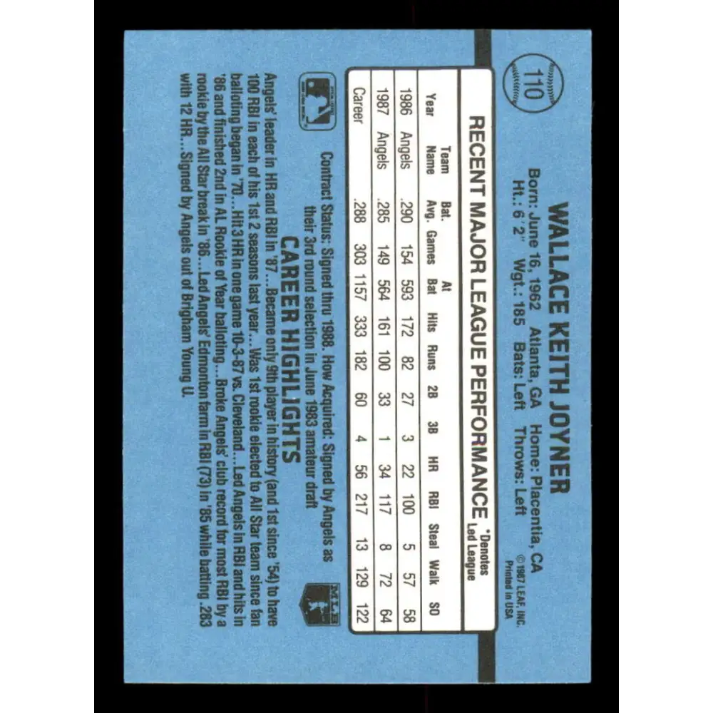 1988 Donruss #110 Wally Joyner EX California Angels Baseball Card Image 2