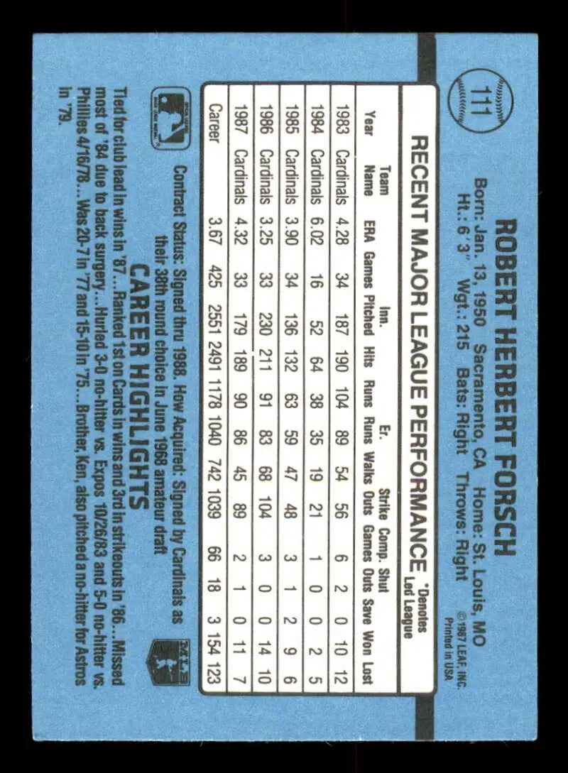 1988 Donruss #111 Bob Forsch NM-MT St. Louis Cardinals Baseball Card - Baseball Card Single