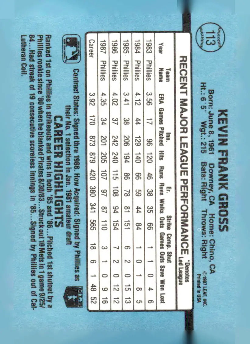 1988 Donruss #113 Kevin Gross - Baseball Card Single