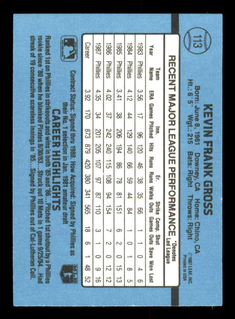 1988 Donruss #113 Kevin Gross NM-MT Philadelphia Phillies Baseball Card - Baseball Card Single