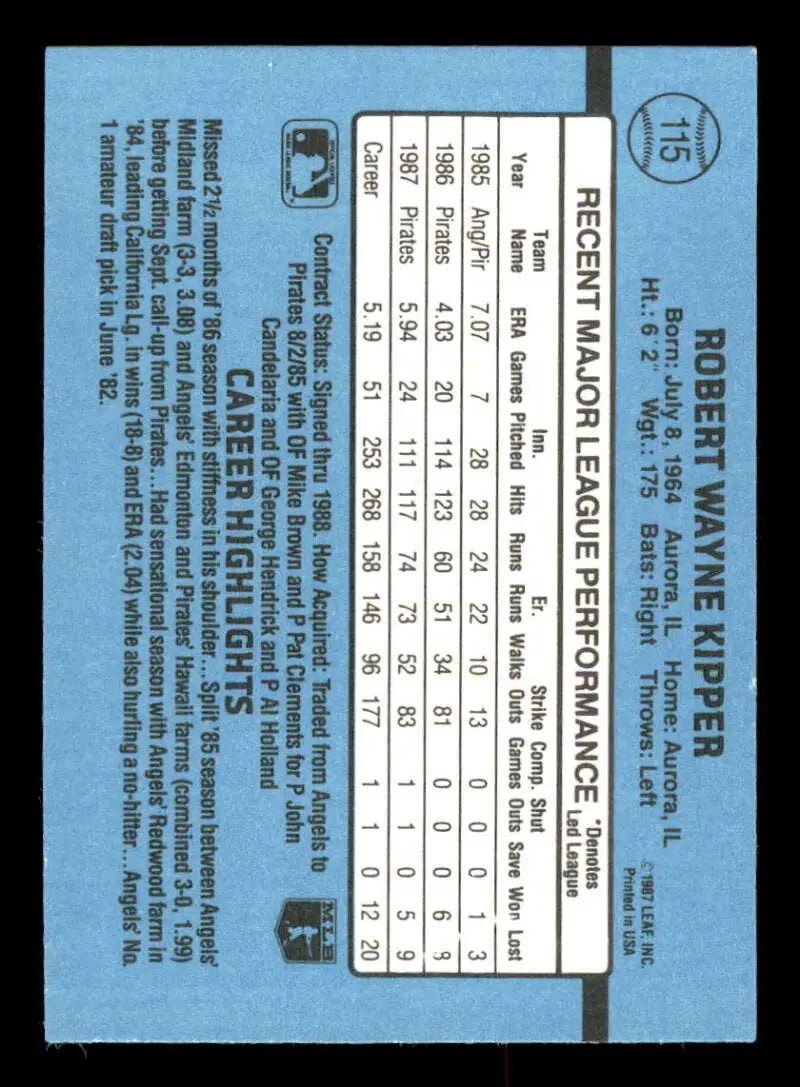 1988 Donruss #115 Bob Kipper NM-MT Pittsburgh Pirates Baseball Card - Baseball Card Single
