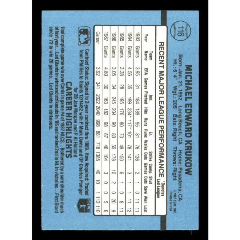 1988 Donruss #116 Mike Krukow EX San Francisco Giants Baseball Card - Baseball Card Single