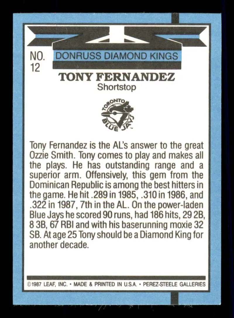 1988 Donruss #12 Tony Fernandez NM-MT Toronto Blue Jays Baseball Card - Baseball Card Single
