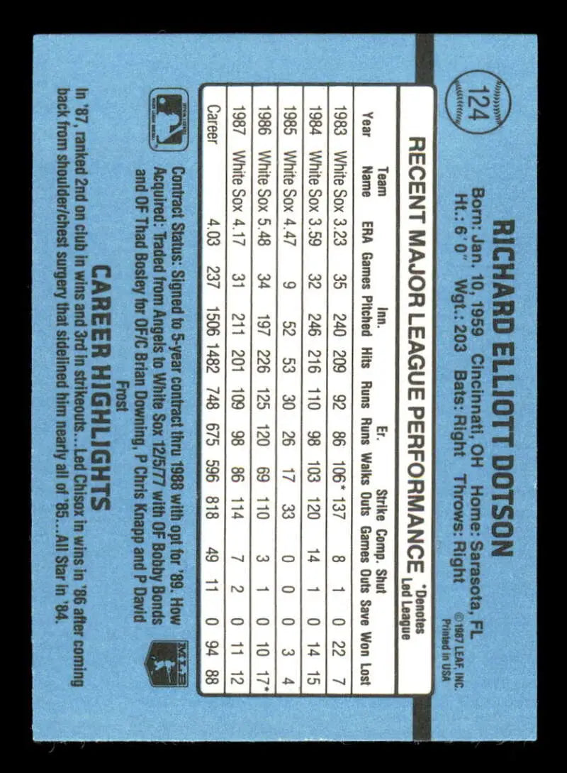 1988 Donruss #124 Richard Dotson NM-MT Chicago White Sox Baseball Card - Baseball Card Single