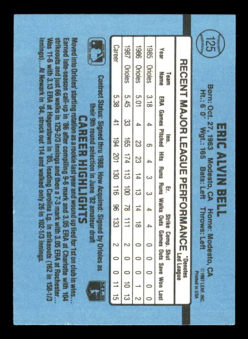 1988 Donruss #125 Eric Bell NM-MT Baltimore Orioles Baseball Card - Baseball Card Single