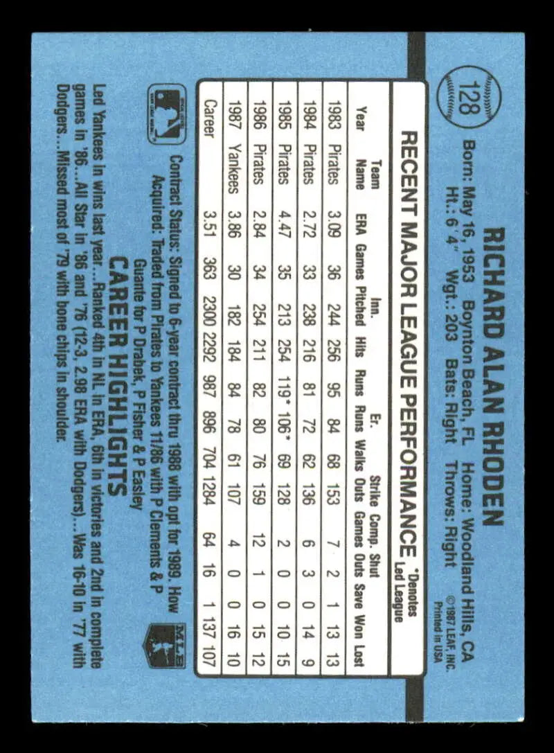 1988 Donruss #128 Rick Rhoden NM-MT New York Yankees Baseball Card - Baseball Card Single