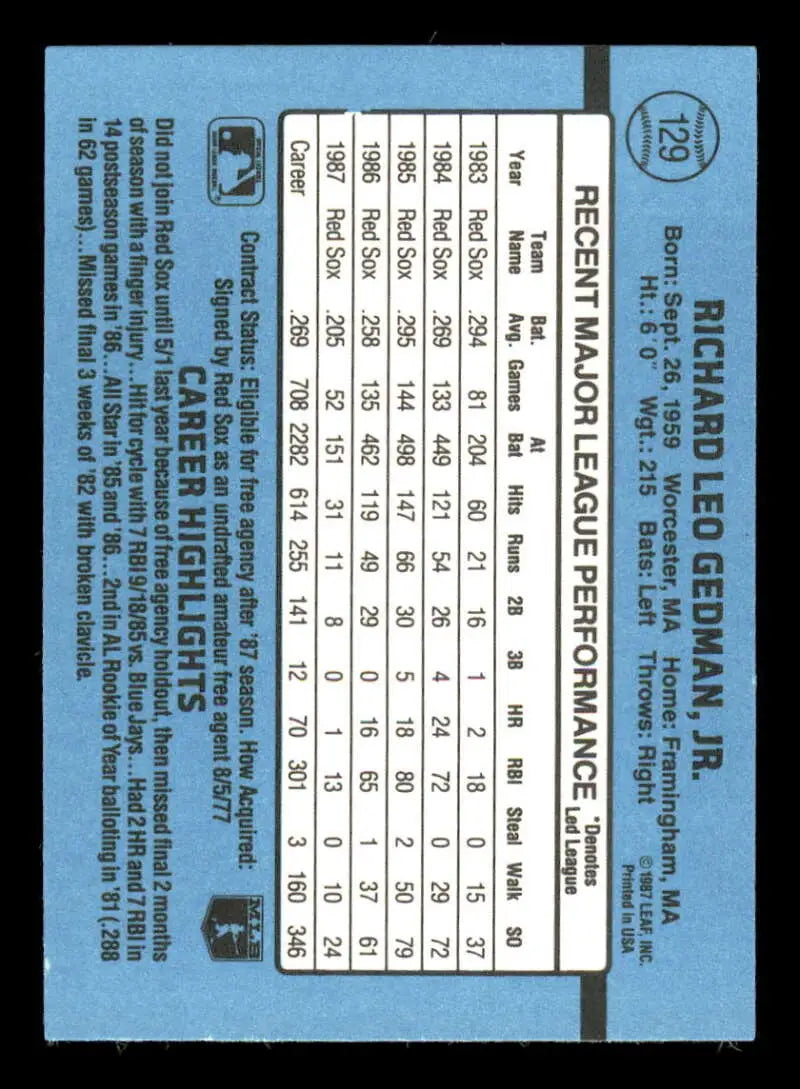 1988 Donruss #129 Rich Gedman NM-MT Boston Red Sox Baseball Card - Baseball Card Single