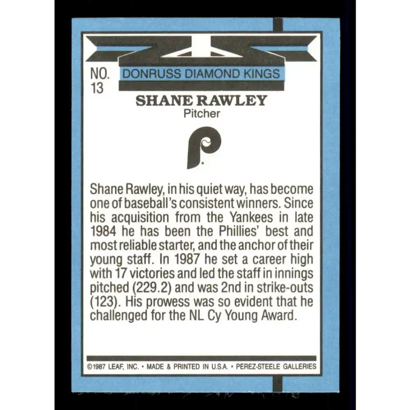 1988 Donruss #13 Shane Rawley DK EX Philadelphia Phillies Baseball Card - Baseball Card Single