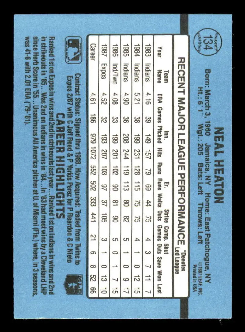 1988 Donruss #134 Neal Heaton NM-MT Montreal Expos Baseball Card - Baseball Card Single