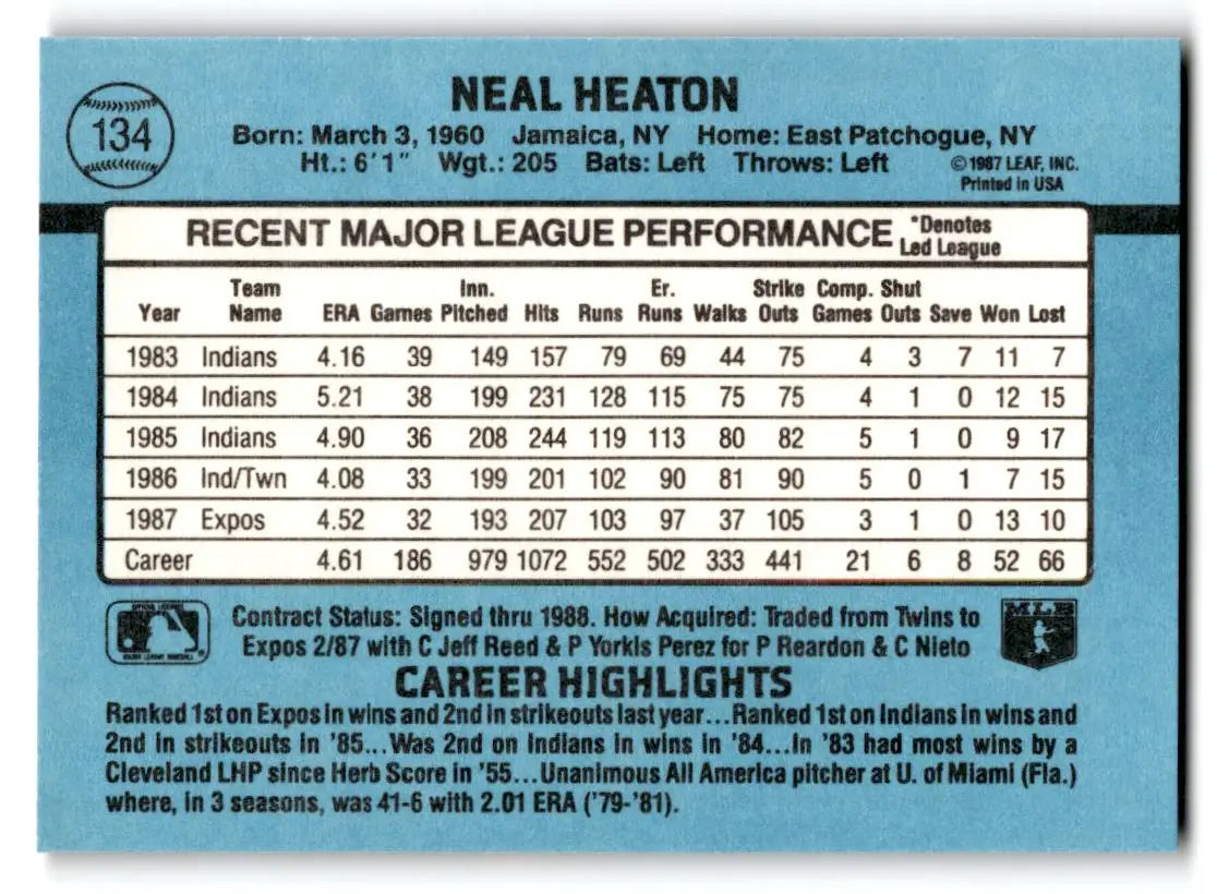 1988 Donruss #134b Neal Heaton - Baseball Card Single