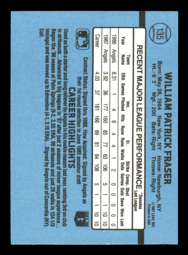 1988 Donruss #135 Willie Fraser NM-MT California Angels Baseball Card - Baseball Card Single