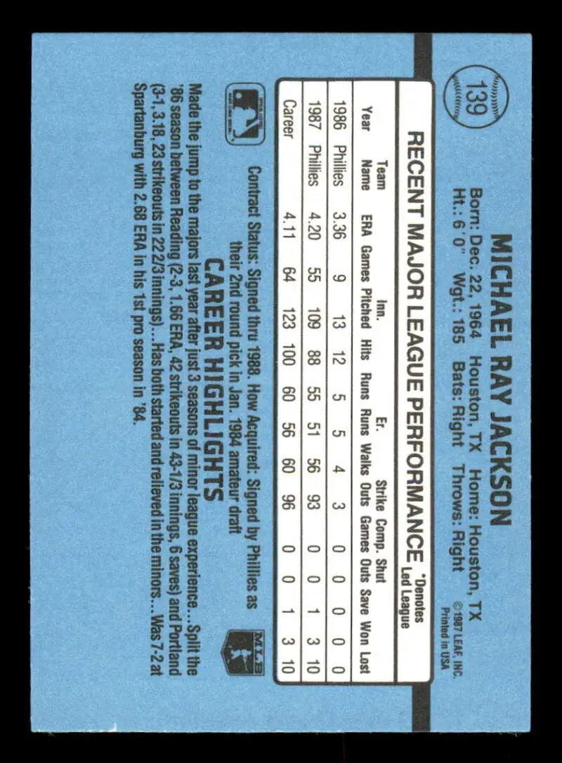 1988 Donruss #139 Mike Jackson NM-MT RC Rookie Philadelphia Phillies Baseball Card - Baseball Card Single